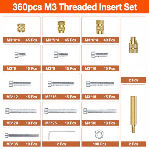 Threaded Inserts - M3 Heat Set Inserts Kit, 360Pcs Brass Heat Set Inserts for 3D Printing & Plastic, with 60W Digital Soldering Iron, Bolts, Nuts, Washers & Wrenches - Complete Fastening Solution