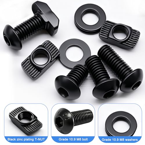 Taiss 80PCS M8 T-Nuts Screws Kit for 4040 4080 Series Aluminum Extrusion Black Carbon Steel M8x12/16/20mm Button Head Socket Cap Head Bolts and Drop in T-Nuts & Washers with Hex Wrench 80pcs 40 Series T-Nuts Screws Kit