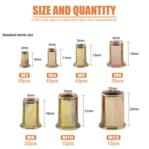 Keadic 220Pcs Metric Zinc Plated Carbon Steel Rivet Nut Flat Head Threaded Insert Nutsert Assortment Kit - 7 Sizes：M3 M4 M5 M6 M8 M10 M12