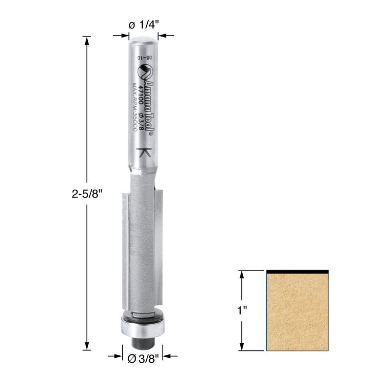 Amana Tool - 47100 Carbide Tipped Flush Trim 3/8 Dia x 1" 4 Shank