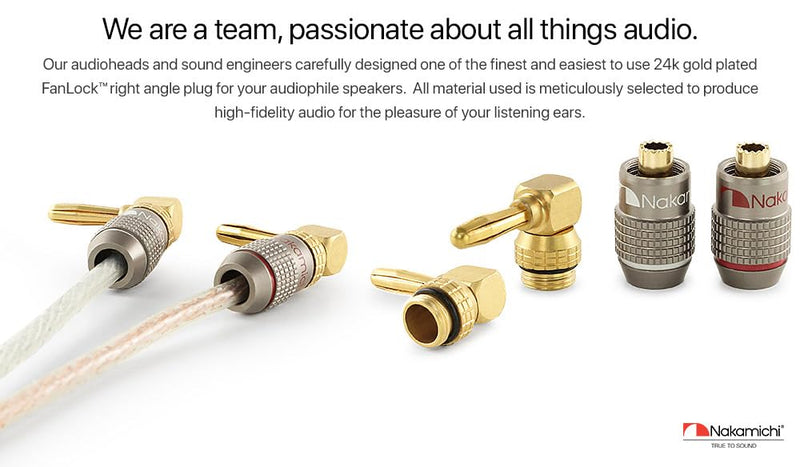 Nakamichi FanLock Excel Series 24k Gold Plated Right-Angle 90 Degree Banana Plug 10 AWG - 18 AWG Gauge Size 4mm for Speakers Amplifier Hi-Fi Home Theatre Wire Cable Quick Connector, 12 Pcs (6-Pairs) 12 Pcs (6-Pairs)