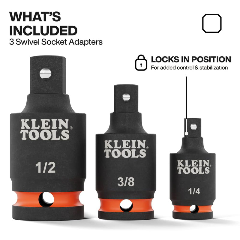  [AUSTRALIA] - Klein Tools 65843SW Impact Wrench Swivel Socket Adapter Set, 3-Piece, 15-Degree Pivot, 1/4-Inch, 3/8-Inch,1/2-Inch Square Drive, Fixed-Position and Swivel, Impact Wrench to Socket Extensions