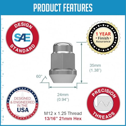 Wheel Accessories Parts 10 Pcs M12 x 1.25 12 x 1.25 Thread Bulge Acorn 35mm 1.38" Long Lug Nuts Chrome 13/16" 21mm Hex Fits Infiniti Pass Cars ｜ Nissan Pass Cars with Aftermarket Wheels