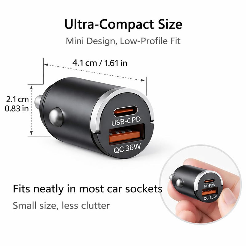 USB C Car Charger Fast Charging, 36W Dual Port Car Charger Adapter, PD 36W USB C & QC USB A, Mini Aluminum Car Charger for iPhone 17/16/15, Samsung, Huawei, iPad, AirPods