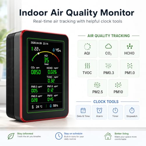 Professional 15-in-1 Air Quality Monitor with Smartphone APP - Dual Chip - Monitors CO₂ and Indoor Air Quality (CO₂), HCHO,TVOC,PM0.3,PM1.0,PM2.5,PM10,AQI,Temp and Humidity for Home,Office and Car Use Red