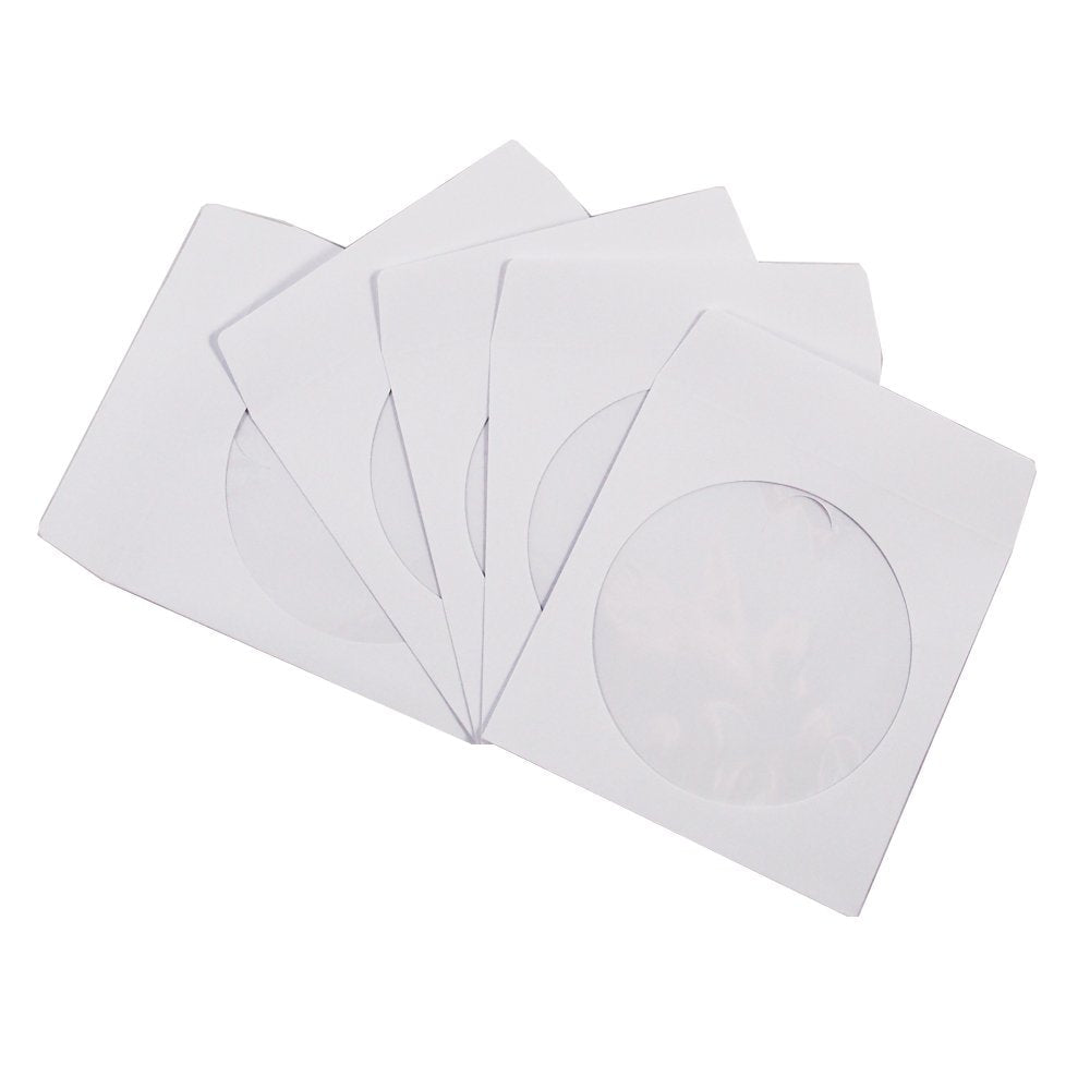 100 Pack Premium White Paper CD DVD Sleeves Envelope with Window Cut Out and Flap, 100 Gram Weight Paper