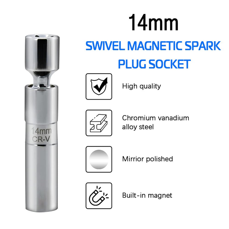 A ABIGAIL 14mm Thin Wall Swivel Magnetic Spark Plug Socket 3/8 Inch Drive 12-Point Spark Plug Socket Removal Tool Compatible with Motorcycle, Car, SUV, BMW, Nissan, Mini, Mercedes