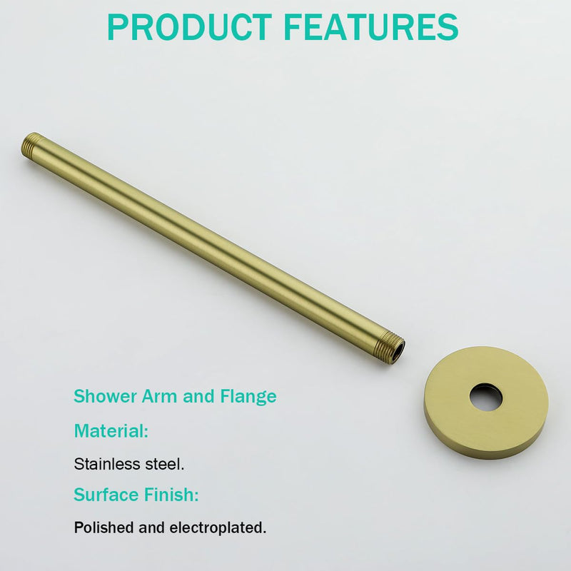Brushed Gold Shower Arm with Flange 12 inch Stainless Steel Ceiling Mounted Shower Extension Arm Pipe for Rainfall Shower Head,SE-RD91038-12BG Round Flange-12″Brushed Gold