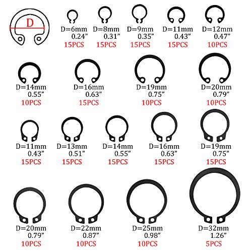 225Pcs 18 Sizes Alloy Steel Circlip Snap Ring External Retaining Clamps Ring Washer Assortment Kit 6-32mm(Black)