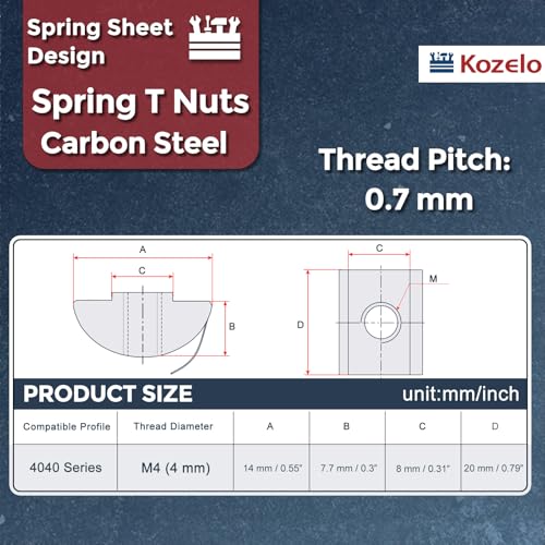30Pcs Roll in Spring t Nuts M4-0.7 4040 Series t Nuts Silver 4040 Series M4-0.7mm 30