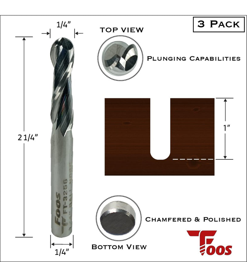 FOOS - Ball Nose Spiral Router Bit Set - Solid Carbide - 1/4” Shanks - Veteran Owned (3pcs 1/4" 3/16" 1/8") 3pcs 1/4" 3/16" 1/8"