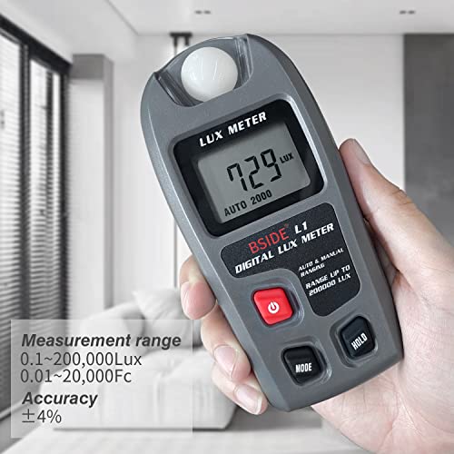 BSIDE Light Meter Digital Illuminance Meter 0.1-200,000 Luxmeter Environment Luminometer Photometer for Plants, Car Headlights Home & Office LEDs Light Photography