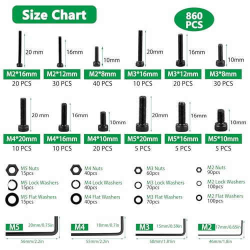 860Pcs M2-M5 Metric Screws, 12.9 Alloy Steel Hex Bolts & Nuts Kit M2 M3 M4 M5 860pcs 3