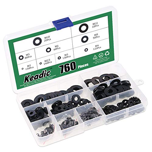 Keadic 760Pcs Flat Washers Assortment Kit Black Zinc Plated Alloy Steel, 9 Sizes - M2 M2.5 M3 M4 M5 M6 M8 M10 M12 Zinc Plated Flat Washer - 760Pcs