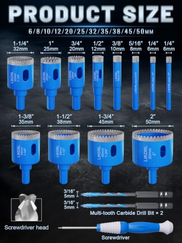 15‑Piece Diamond Hole Saw Kit, 1/4"‑2" Diamond Core Drill Bits Set, Includes 3/16" Multi‑Tooth Carbide Drill Bits & Manual Screwdriver for Tile, Ceramic, Marble, Glass