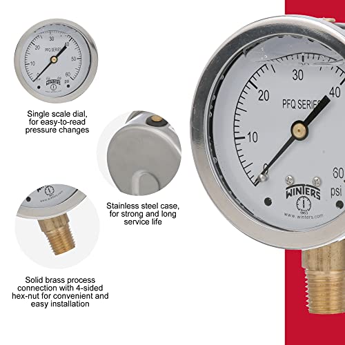 Winters 2-1/2" Dial Size, Liquid Filled Industrial Pressure Gauge, Brass Internals, 304 Stainless Steel Case, Single Scale 0-60 psi, 1.5% Acc, 1/4" NPT Bottom Mount, Glycerin Filled Pressure Gauge 0/60 PSI