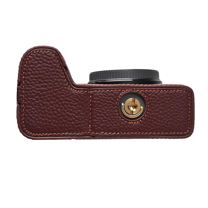 A6700 Case, BMAOLLONGB Handmade Litchi Genuine Real Leather Half Camera Case Bag Cover for Sony Alpha A6700 Bottom Opening Version + Hand Strap (Coffee) Coffee