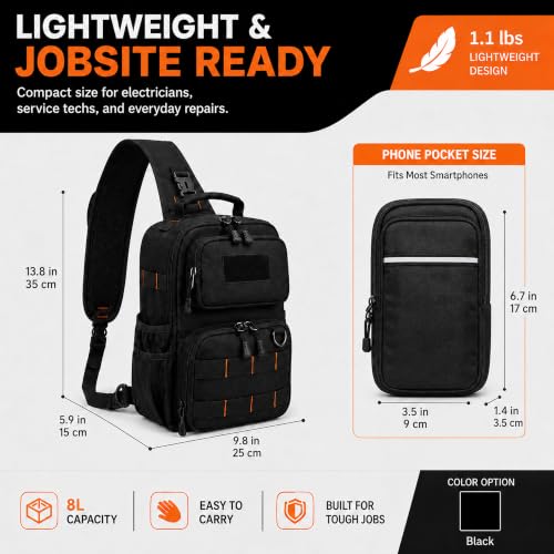 Black Tactical Tool Bag, Waterproof Oxford with 3-Point Harness and MOLLE