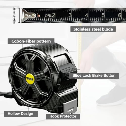 25Ft Measuring Tape Retractable Stainless Steel Carbon Fiber Style Pattern