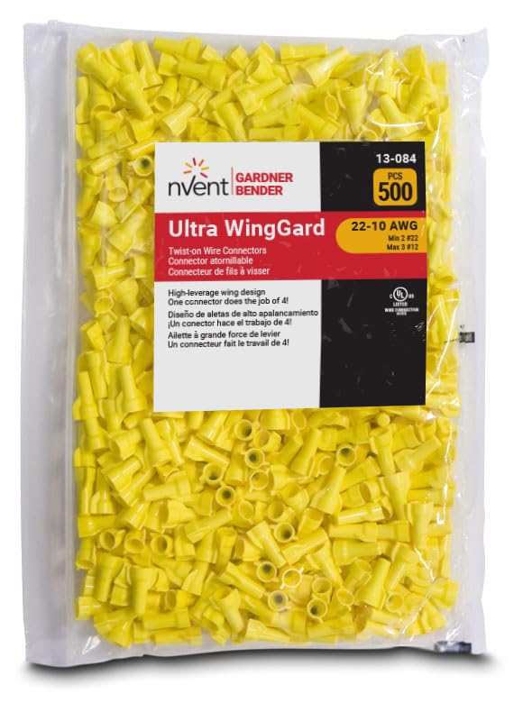 Gardner Bender 13-084 WingGard Screw-On Electrical Wire Connectors, Tough Flame-Retardant, Copper-Copper Connections, 22-10 Wire Gauge (AWG), 500 Pk., Yellow 500 Pack 22 - 10 AWG