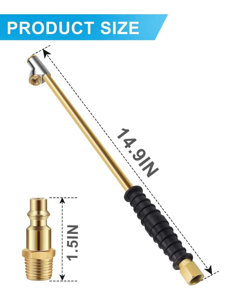 14.9" Extended Reach Dual Head Air Chuck 2 Pack, 2-Way Connection 1/4" FNPT Closed Air Chuck with Rubber Handle, Tire Chuck with Quick Plug Air Compressor Fill Kit (Gold)
