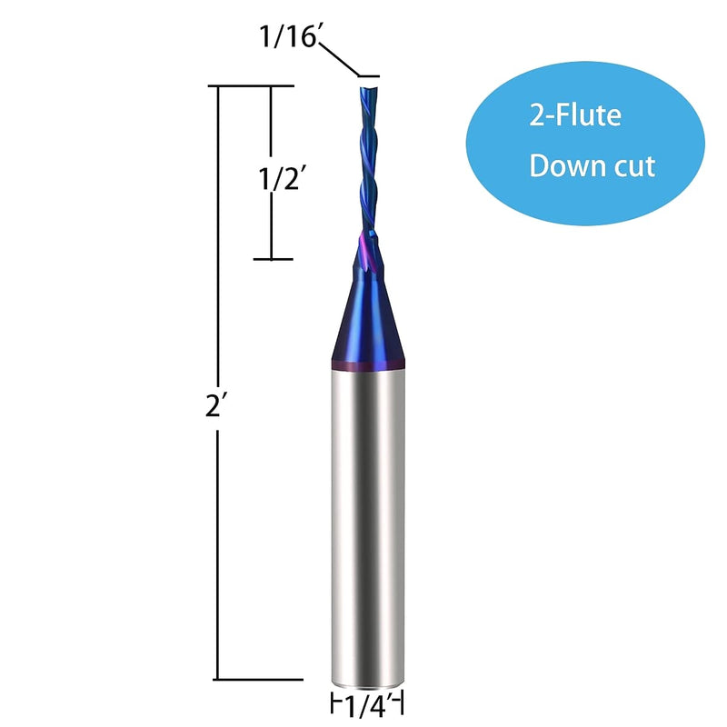 Carbide Plunge Down Cut 1/16 inch Cutting Dia 1/4 inch Shank Solid Carbide End Mill with Nanco Blue Coating CNC Router Bits for Wood Cut 3D Carving Engraving BRD222 DashHound 2PCS down cut 1/4"S×1/16"D×1/2"CL×2"OVL 2