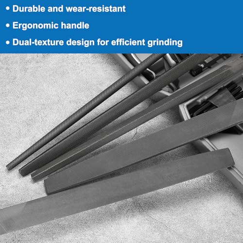 HARFINGTON 5pcs Metal File Set 6" Coarse Teeth High Carbon Steel Hand Files with PP Handle Square/Flat/Triangle/Half-Round/Round for Metal Wood Stone Grinding Polishing Engraving 6 Inch