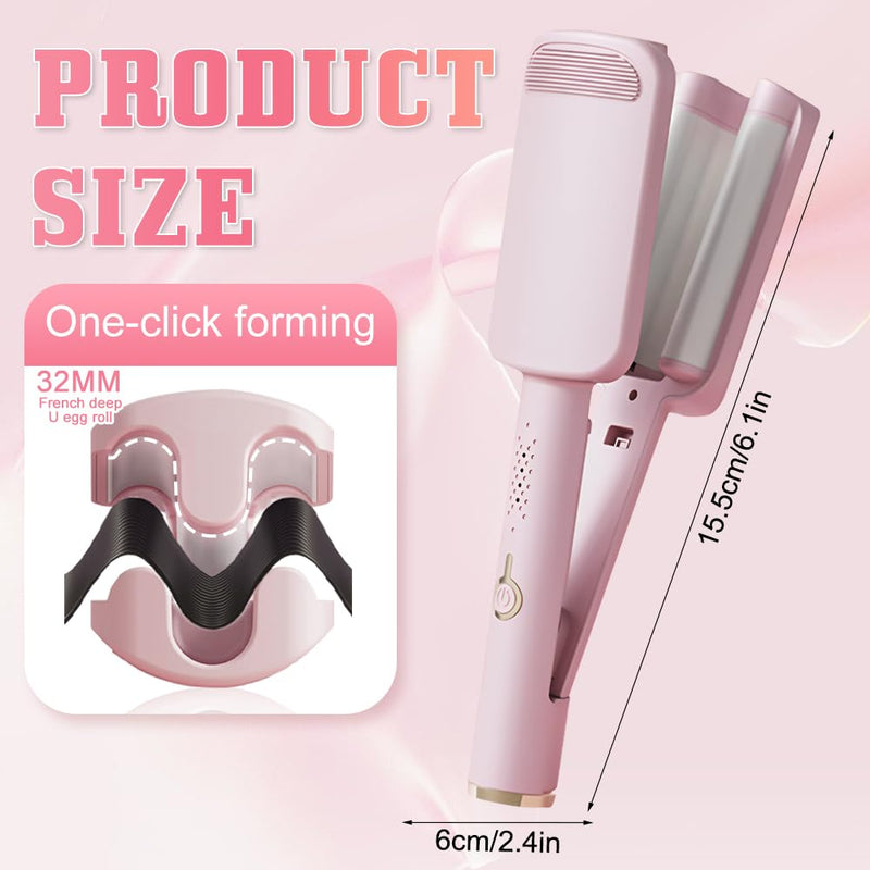 French Wave Curling Iron 32mm - Mermaid Hair Styler With 4 Gears Temperature, Fast Heating Curler for Long Short Hair, Pink
