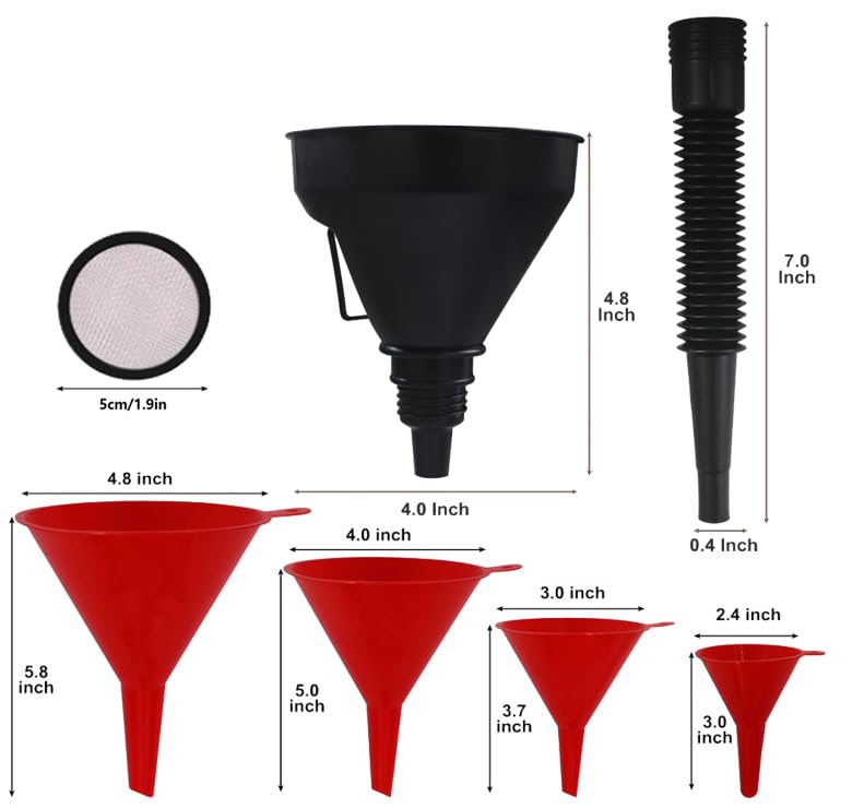 5 Pcs Automotive Funnels Set, Wide Mouth Fuel Funnel, Plastic Long Neck Oil Funnel, Flexible Right Angle Funnels, with Detachable Spout and Filter for Water/Gasoline/Coolant/Engine Oil 5