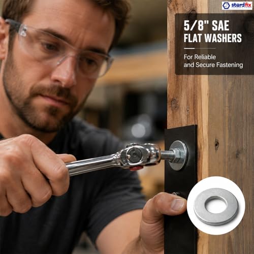 STURDFIX 5/8 Inch SAE Flat Washers, Zinc Plated Steel, Grade 2, Heavy Duty Metal Washers for Screws, Bolts, Nuts, Automotive, Decking, Fencing, Industrial, Construction Hardware – 25 Pack 5/8" SAE 0.656"