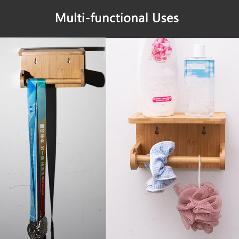 Toilet Paper Holder with Phone Shelf Bamboo Toilet Paper Storage Wall-Mounted, No-Drill & Drillable Space Saver Tissue Roll Rack for Bathroom, Kitchen, Home Décor(Bamboo)