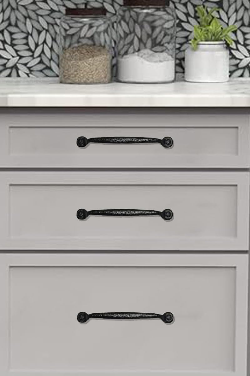 10 Pack 3 Inch (76mm) Hole Center Black Iron Cabinet Pulls,Antique Black Rustic Drawer Pulls Hammered Cabinet Handles Kitchen Cabinet Hardware Vintage Pulls for Drawers. 10