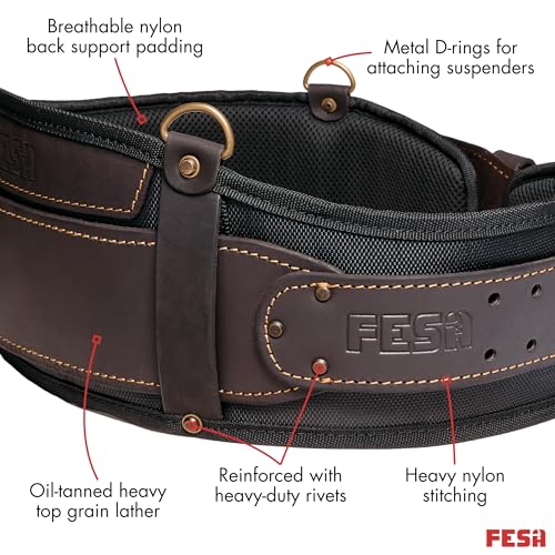 FESA Padded Leather Tool Belt with Back Support Have D-rings for Suspenders Brown