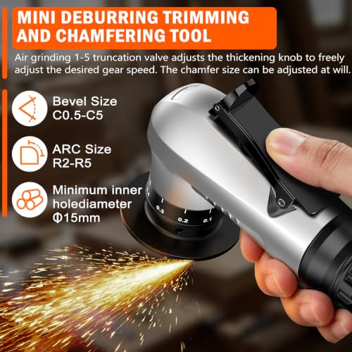 Pneumatic Chamfer Tool, 45 degree tile chamfering tool with 8 C-Angle & 6 R-Angle Blades & 6 durable bearings, Upgrade, Mini Air Chamfer Tool with 1/4 Inch Air Inlet for Metal and Wood-Silver Silver