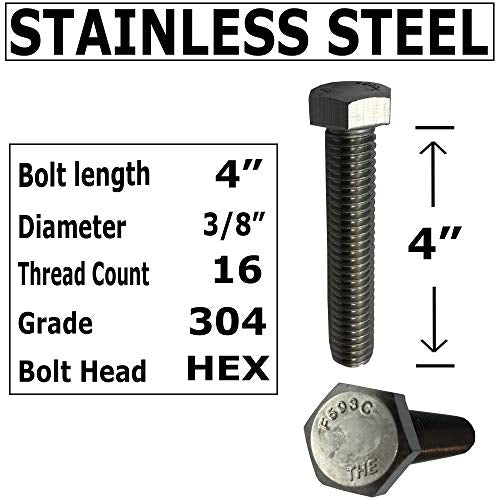 3/8" -16 x 4-304-STAINLESS Steel Bolts, Nuts & WASHERS - 18-8 HEX Head Bolt - 304 Grade. General Purpose (10) Bolts + (10) Nuts + (10) Washers
