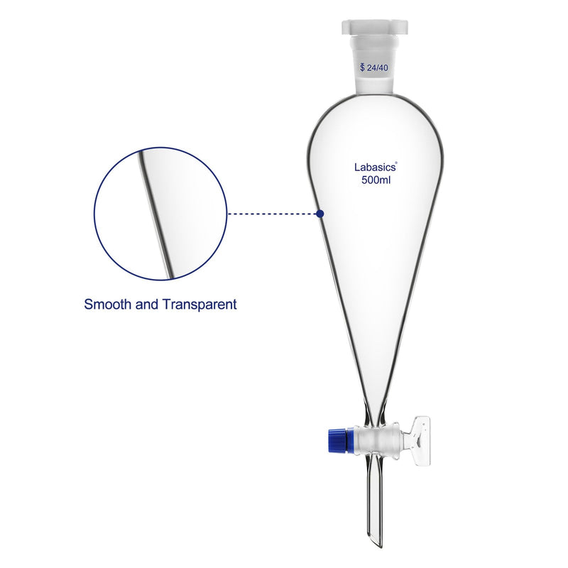 Labasics Borosilicate Glass 500mL Conical Separatory Funnel with Glass Stopcock, Ideal for Liquid Separation in Laboratories