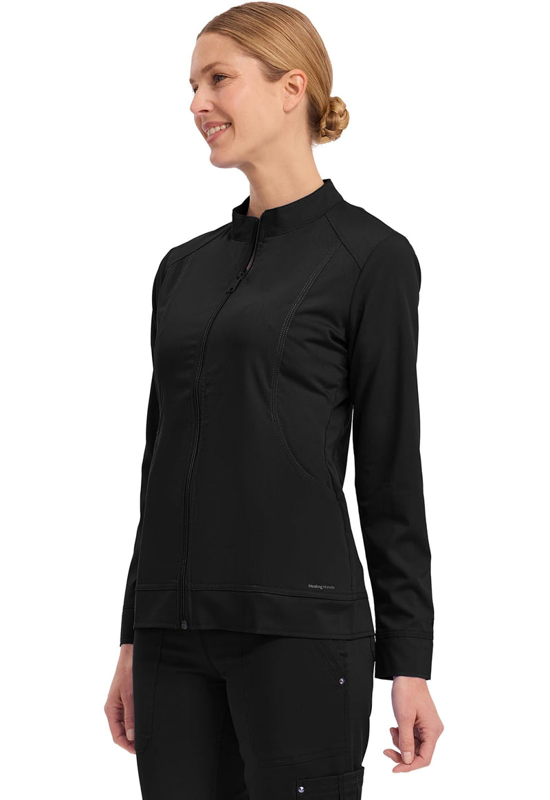 Healing Hands Women's Scrub Jacket, Zip-Up Front with 2-Way Stretch Comfort & Big Kangaroo Pockets 5038 Black X-Large