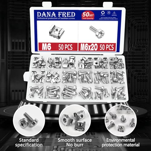 50 Sets M6 Rack Screws Cage Nuts Kit,Cage Nut Mounting Screw Bolts Washers Metric Square Hole Hardware for Rack Mount Server Shelves Cabinets Assortment Kit 304 Stainless Steel M6X20 White M6X20-50Set