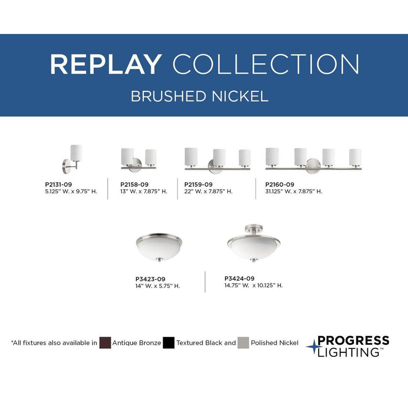 Progress Lighting Replay Collection 1-Light Etched White Glass Modern Bath Vanity Light Brushed Nickel, E26