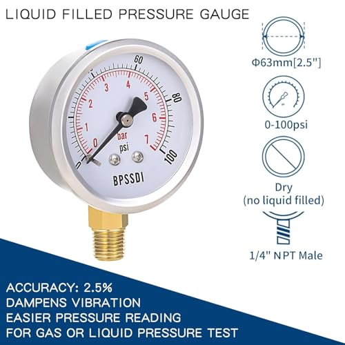 100 Psi Vacuum Pressure Gauge,Lead-Free Water Pressure Gauge, 2.5" Dial Size, 1/4" G Lower Mount, 304 Stainless Steel Case, for Pneumatic Air Compressor RV Regulator Valve Test(with Tape) 0-100 psi Lower Mount(Lead Free)