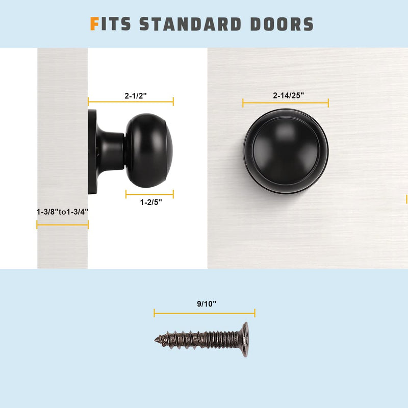 KNOBWELL 6 Pack Black Dummy Door Knob, Single Sided Handle for Closets, French Double Doors, and Pantry, Matte Black One Side Non-Turning Interior Push/Pull Door Knob