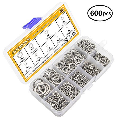 304 Stainless Steel Spring Lock Washer Assortment Set 600 Pieces, 9 Sizes - M2 M2.5 M3 M4 M5 M6 M8 M10 M12