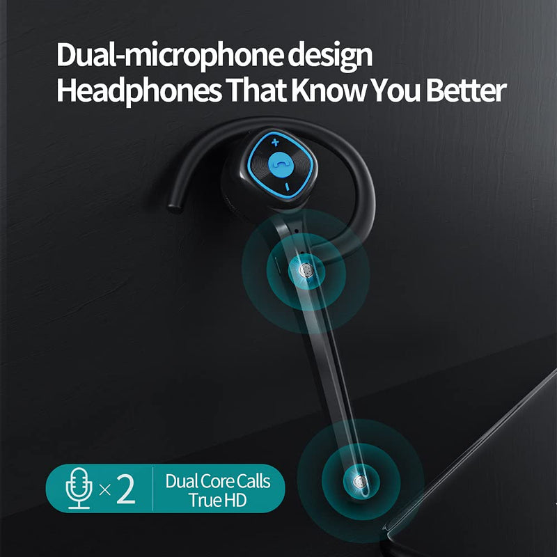 AYI Wireless Bluetooth Earpiece Headphone Dual Noise Cancelling Mic Painless Open-Ear Handsfree Headset Stereo Sound Left/Right Changeable Earhook Earphones for Driving/Business/Gym SM908 SINGLE EAR Black