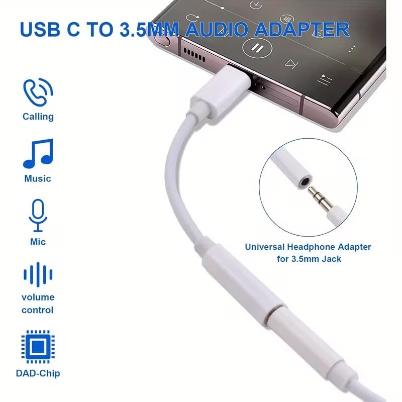 USB Type-C to 3.5mm Headphone Adapter, Digital Type-c to Aux Cable with DAC Chip USB Type C to 3.5mm Headphone Jack Adapter (White) White