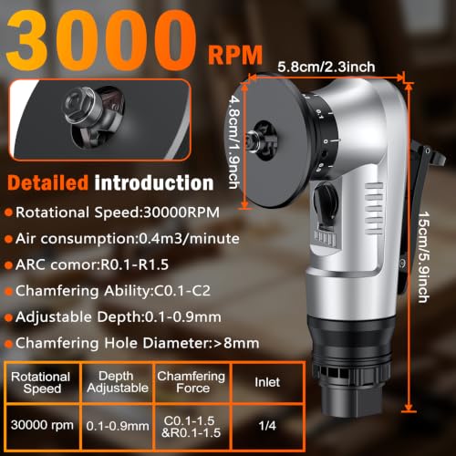 Pneumatic Chamfer Tool, 45 degree tile chamfering tool with 8 C-Angle & 6 R-Angle Blades & 6 durable bearings, Upgrade, Mini Air Chamfer Tool with 1/4 Inch Air Inlet for Metal and Wood-Silver Silver