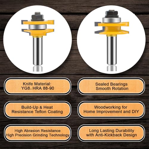 LEATBUY 1/2 Inch Shank 3 PCS Router Bit Set, Rail Stile Carbide Woodworking Tool Door Cabinet Shelf Drawer Cutter CNC Table Wood Tongue Groove Mill Panel Tool(1/2 Double) 1/2 Double