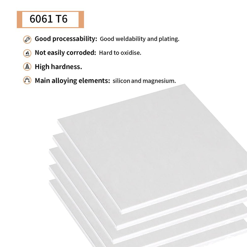 5PCS 6061 Aluminum Sheet Metal 1/4" x 4" x 4", Aluminum Plates Covered with Protective Film, Heat Treatable Aluminum Flat Bar for DIY Craft, Industry 1/4" 4" × 4", 5Pcs