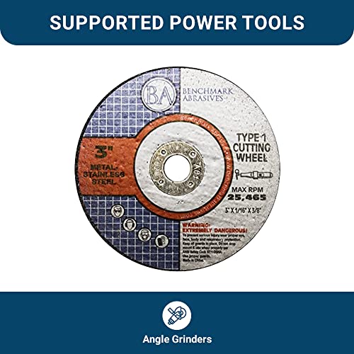 Benchmark Abrasives 3 Inch Aluminum Oxide Thin Type 1 Grinder Cut Off Wheels, 1/16" Thick 3/8" Arbor for Metal and Stainless Steel Die Grinder Cutting Disc, Grinding Cutting Wheel - 25 Pack