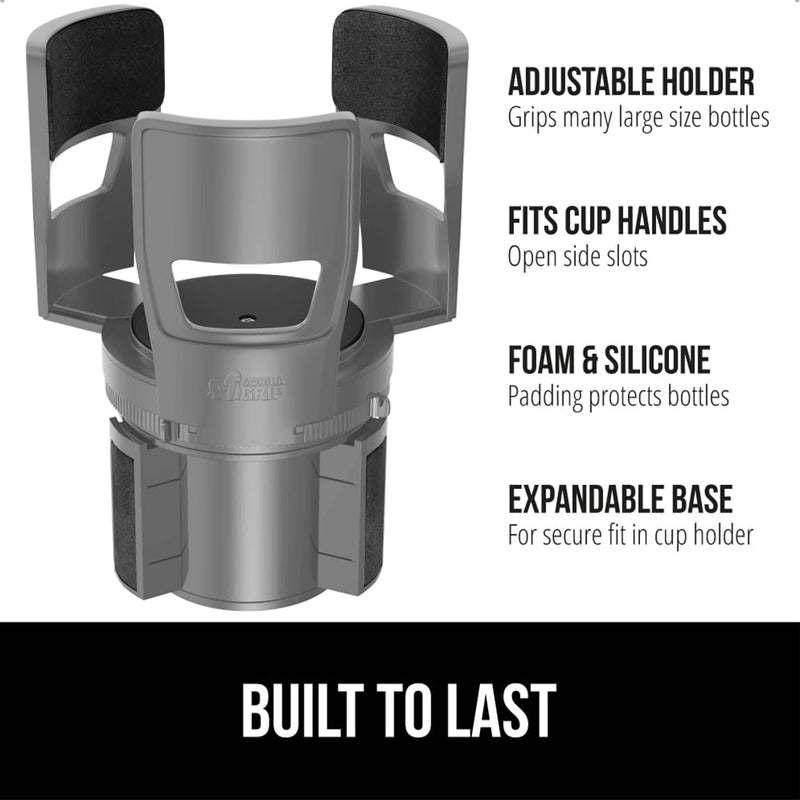 GORILLA GRIP Patent Pending Car Cup Holder Expander, Keeps Large Drink Cups Secure, Expands Fits Yeti, HydroFlask, Stanley 18 to 48oz Large Water Bottles, Coffee Mug, Adjustable Arms Insert, Gray 1