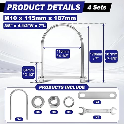 4 Sets M10 U Bolts 4-1/2 Inch Wide, 3/8" x 4-1/2"W x 7" L M10 x 115mm x 187mm